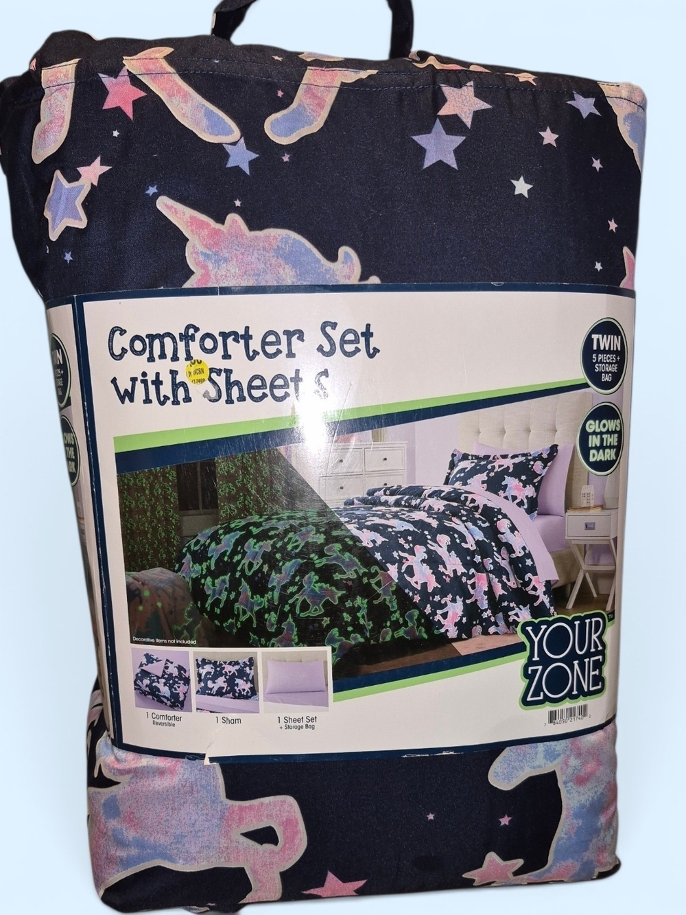 Glow-in-the-Dark Unicorn Twin Comforter Set with Sheets - Black & Pink